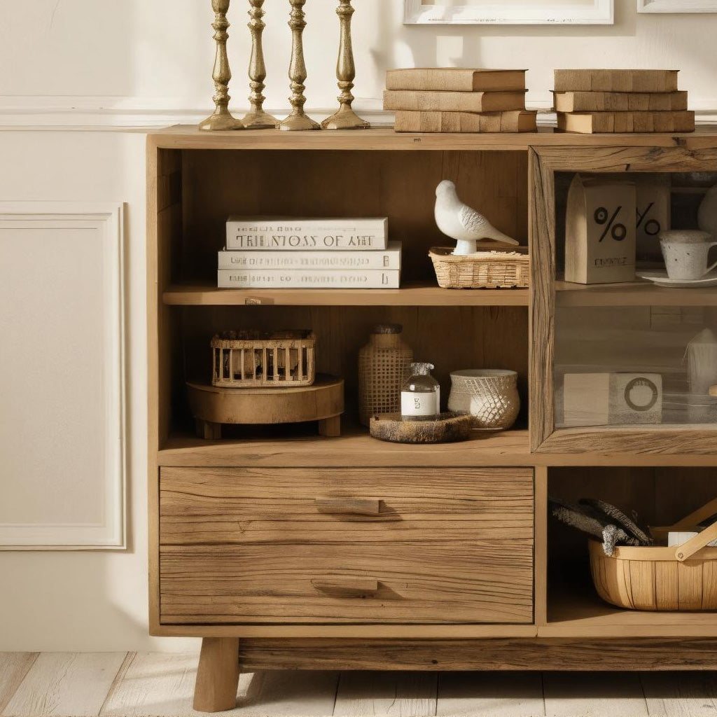 Farmhouse Wooden Storage Cabinet With Glass Door And Drawers