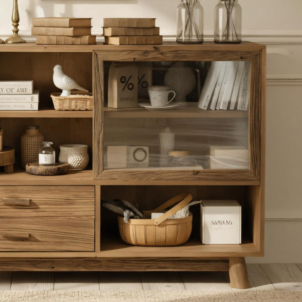 Farmhouse Wooden Storage Cabinet With Glass Door And Drawers