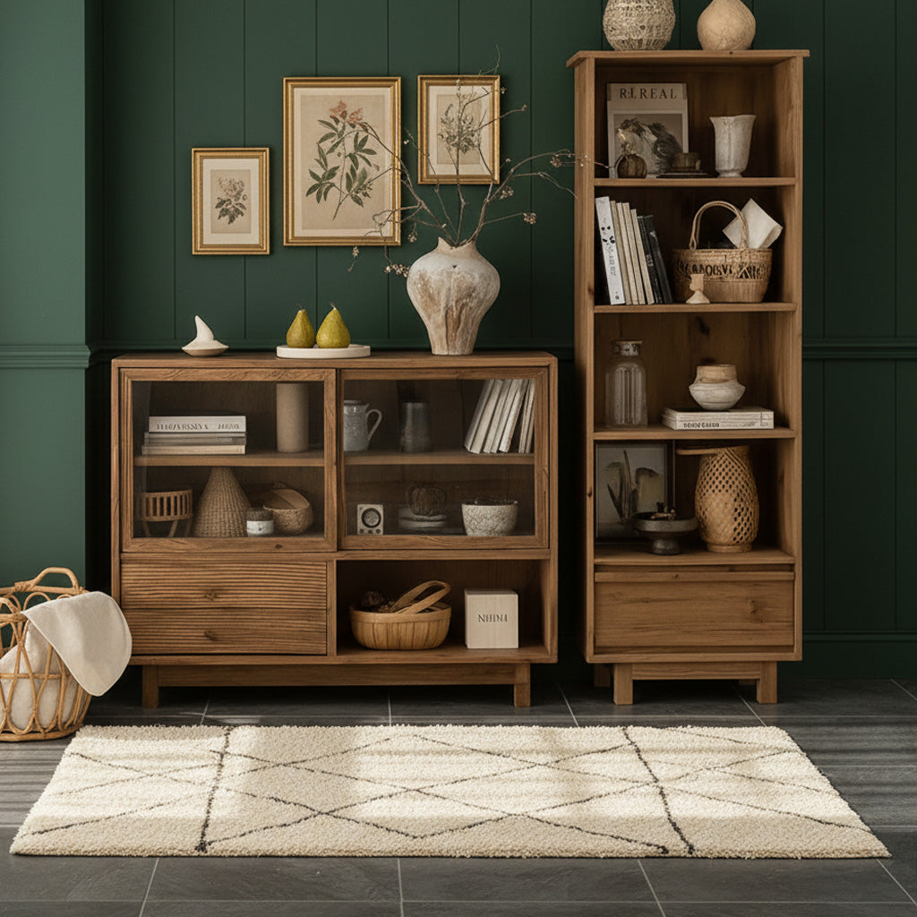 Farmhouse Wooden Storage Cabinet With Glass Door And Drawers