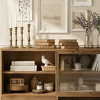 Farmhouse Wooden Storage Cabinet With Glass Door And Drawers