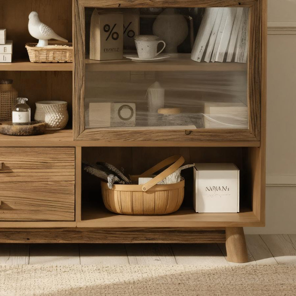 Farmhouse Wooden Storage Cabinet With Glass Door And Drawers