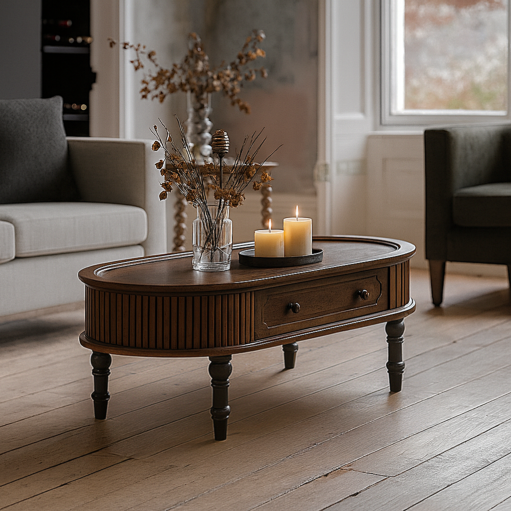 French Country Oval Fluted Wooden Coffee Table With Drawer