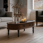 French Country Oval Fluted Wooden Coffee Table With Drawer