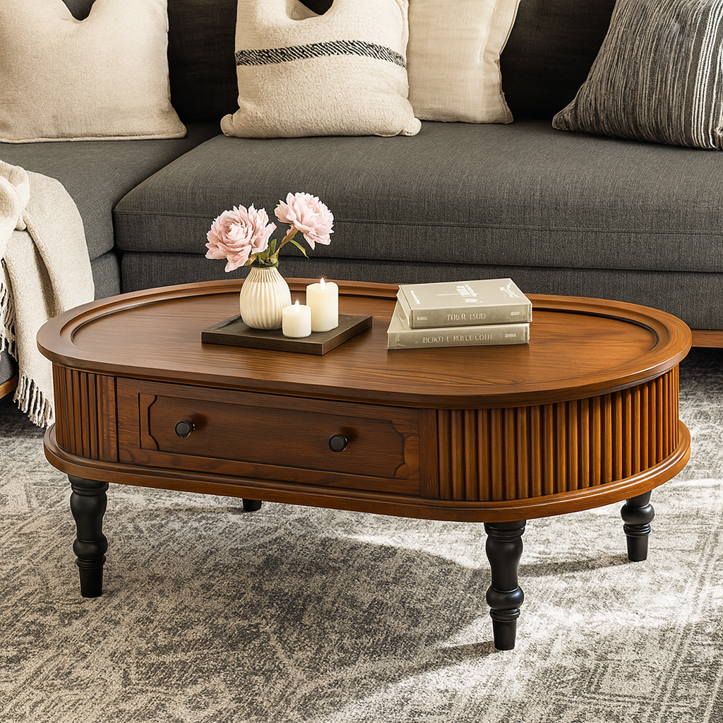 French Country Oval Fluted Wooden Coffee Table With Drawer