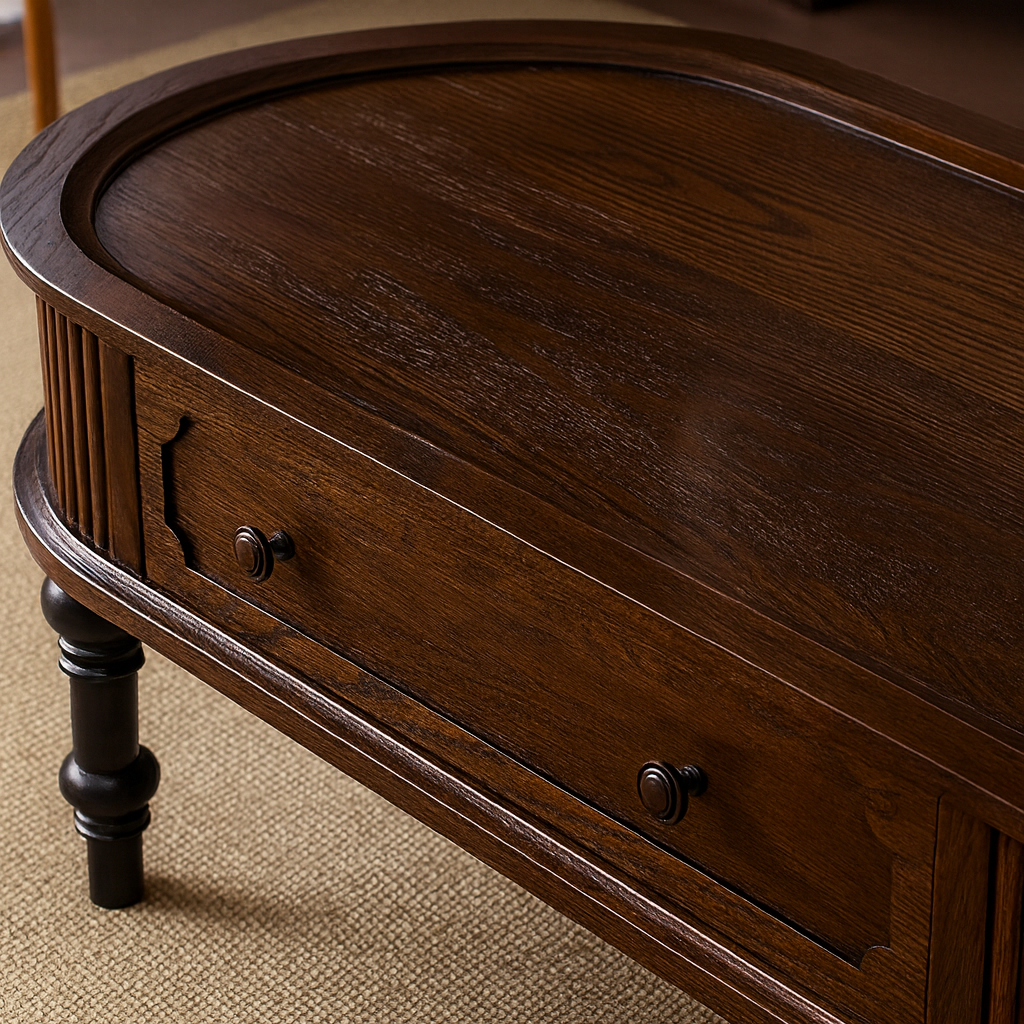 French Country Oval Fluted Wooden Coffee Table With Drawer