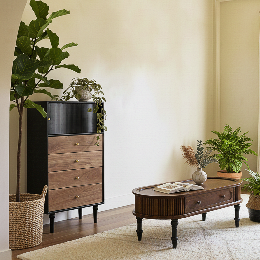 French Country Oval Fluted Wooden Coffee Table With Drawer