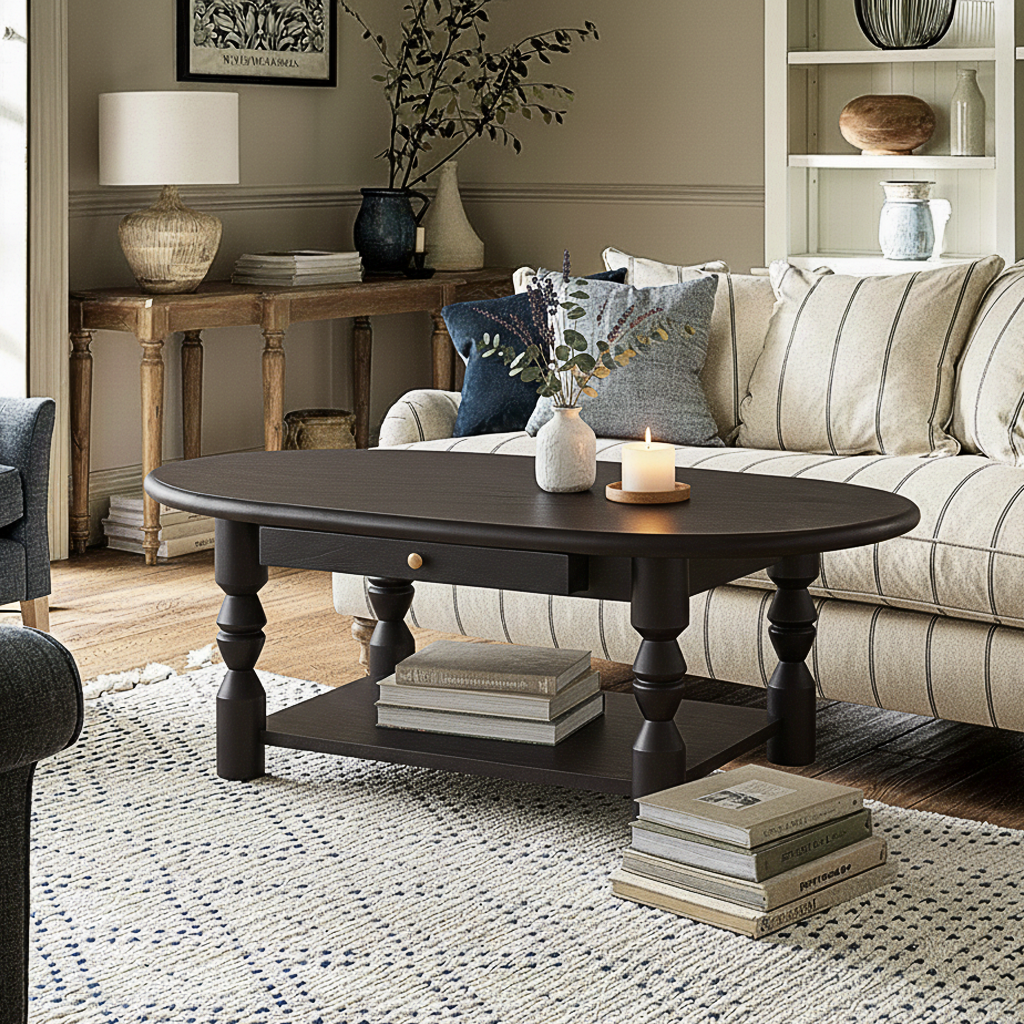 French Country Oval Wooden Coffee Table With Turned Legs