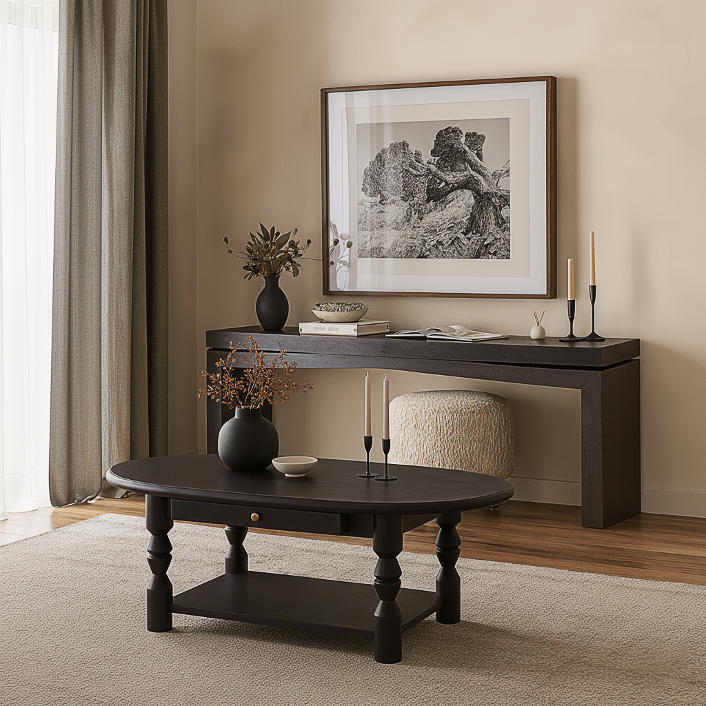 French Country Oval Wooden Coffee Table With Turned Legs