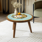 French Country Round Wooden Coffee Table With Floral Mosaic Tile Top