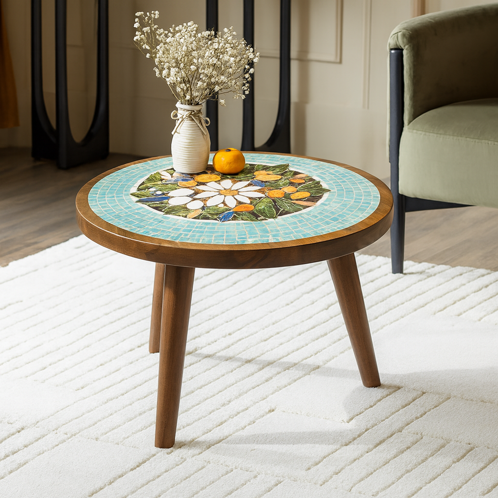 French Country Round Wooden Coffee Table With Floral Mosaic Tile Top