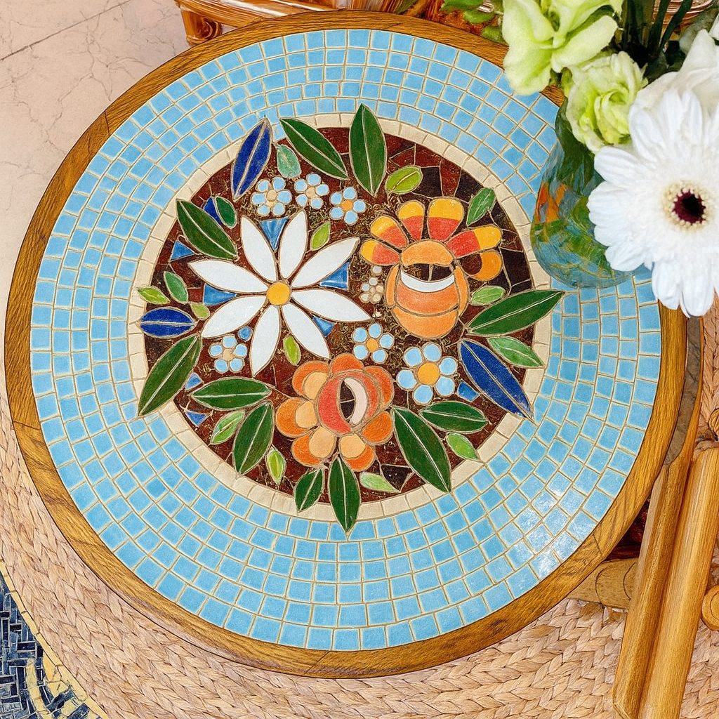 French Country Round Wooden Coffee Table With Floral Mosaic Tile Top