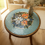 French Country Round Wooden Coffee Table With Floral Mosaic Tile Top