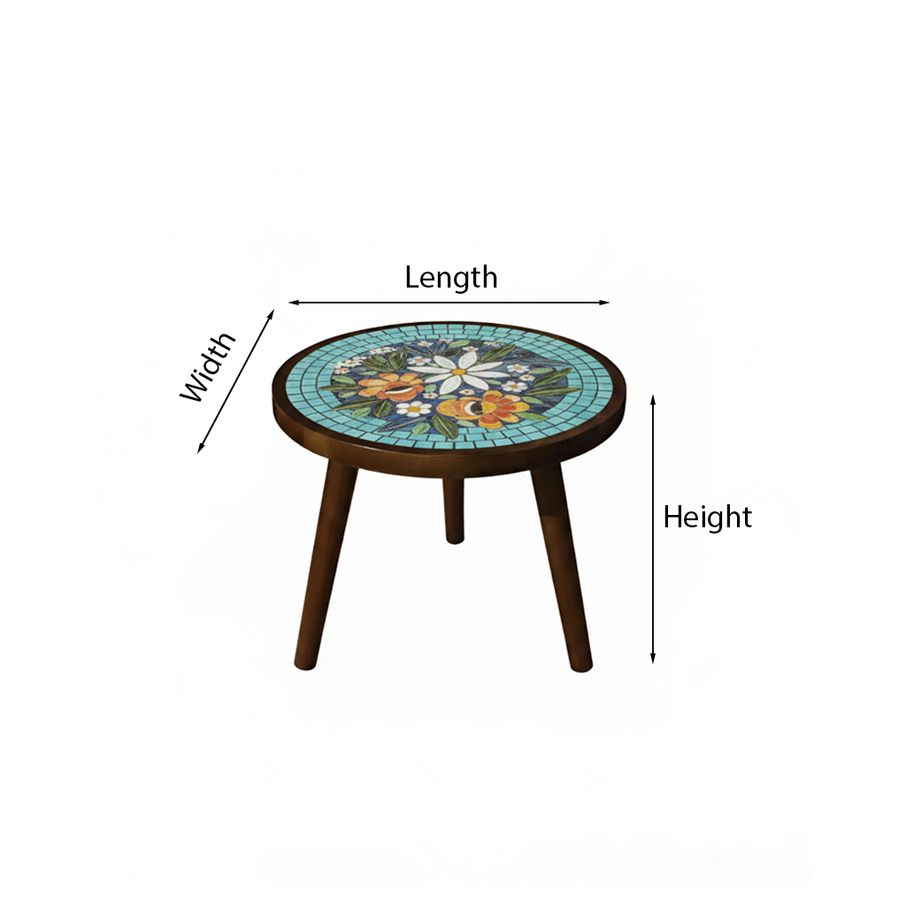 French Country Round Wooden Coffee Table With Floral Mosaic Tile Top