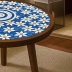 French Country Round Wooden Coffee Table With Mosaic Tile Top