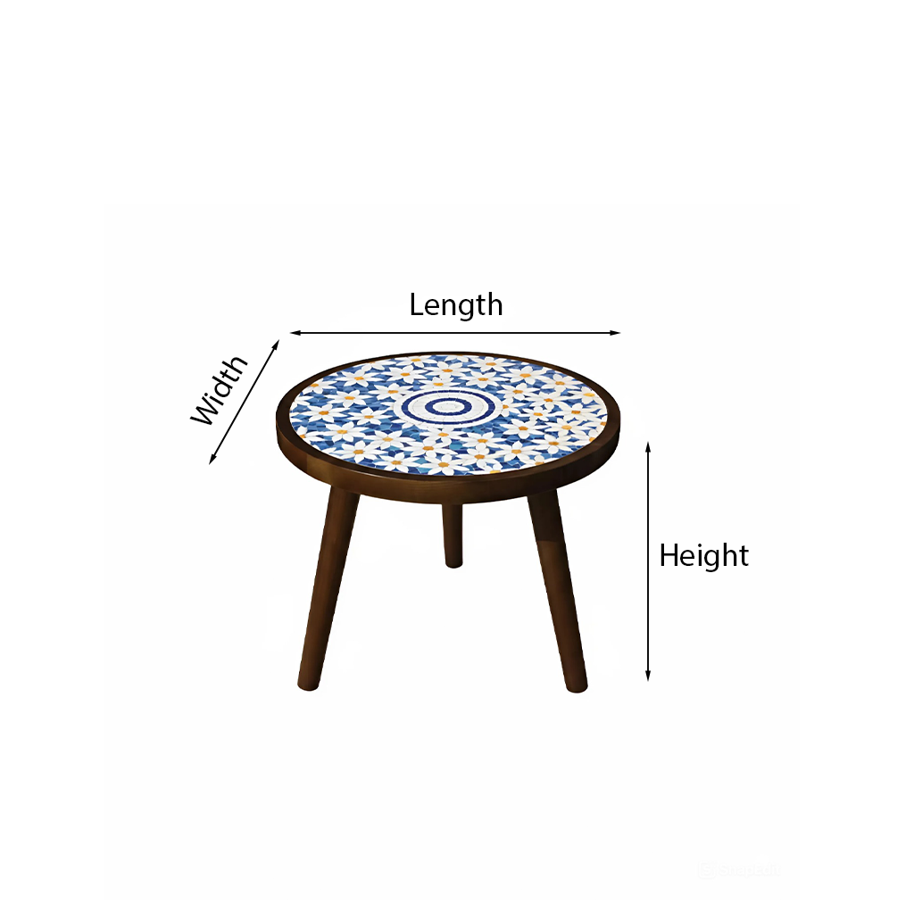 French Country Round Wooden Coffee Table With Mosaic Tile Top
