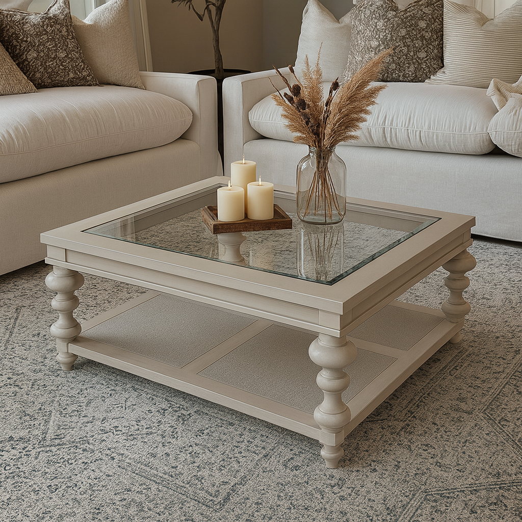 French Country Square Coffee Table With Glass Top And Turned Legs