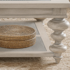 French Country Square Coffee Table With Glass Top And Turned Legs