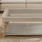 French Country Square Coffee Table With Glass Top And Turned Legs