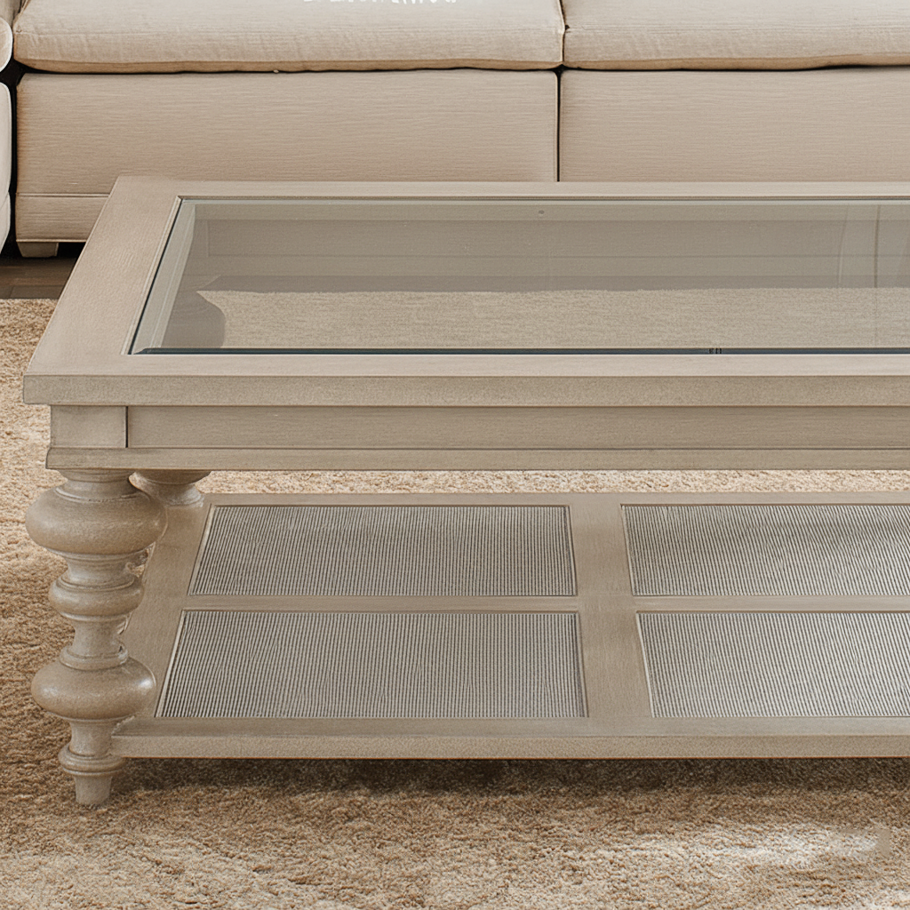French Country Square Coffee Table With Glass Top And Turned Legs