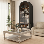 French Country Square Coffee Table With Glass Top And Turned Legs