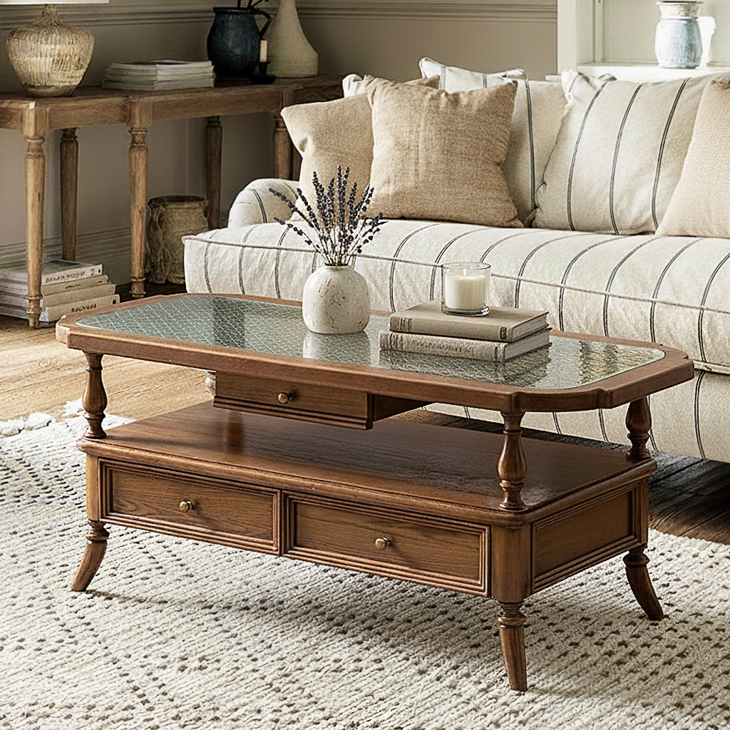 French Country Wooden Coffee Table With Patterned Glass Top