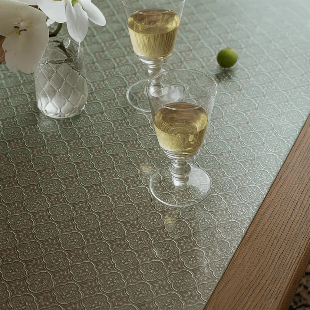 French Country Wooden Coffee Table With Patterned Glass Top
