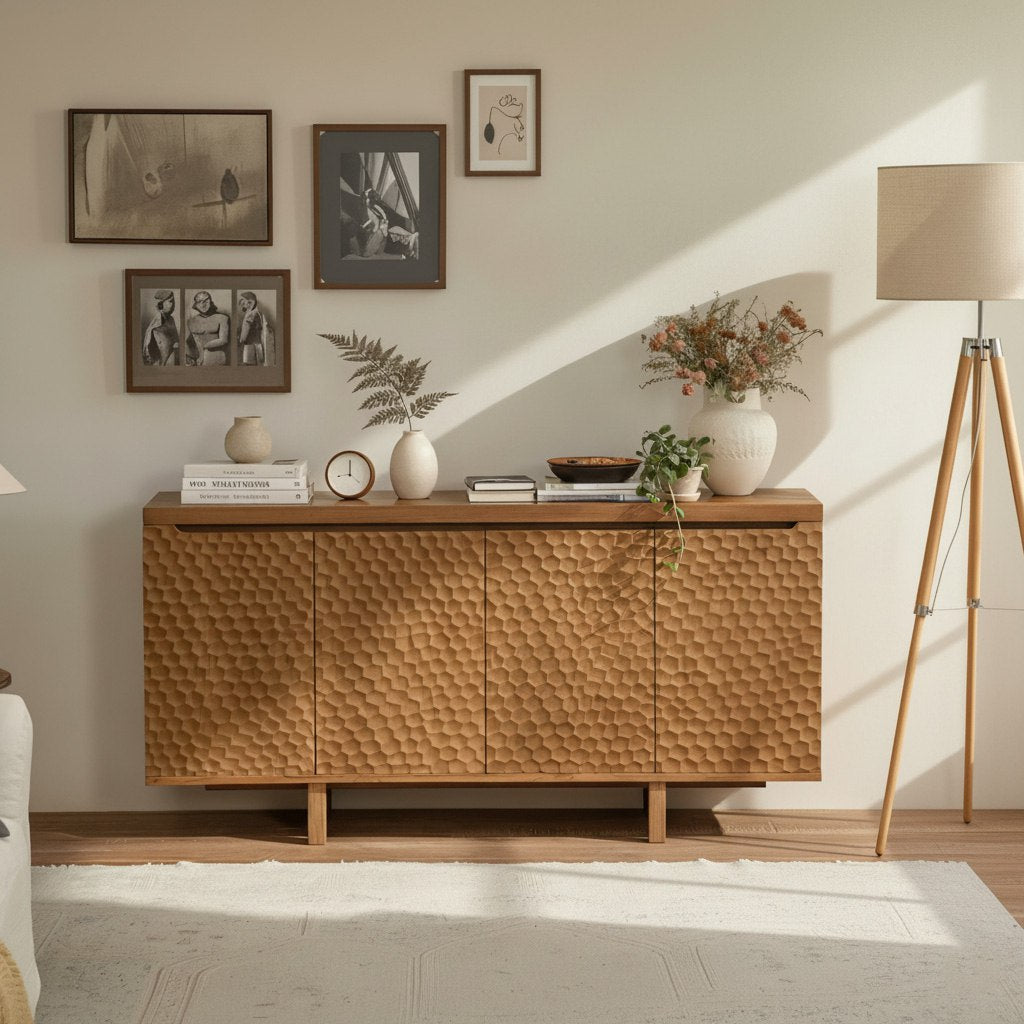 Hand-Carved Solid Wood Sideboard Cabinet For Living Room