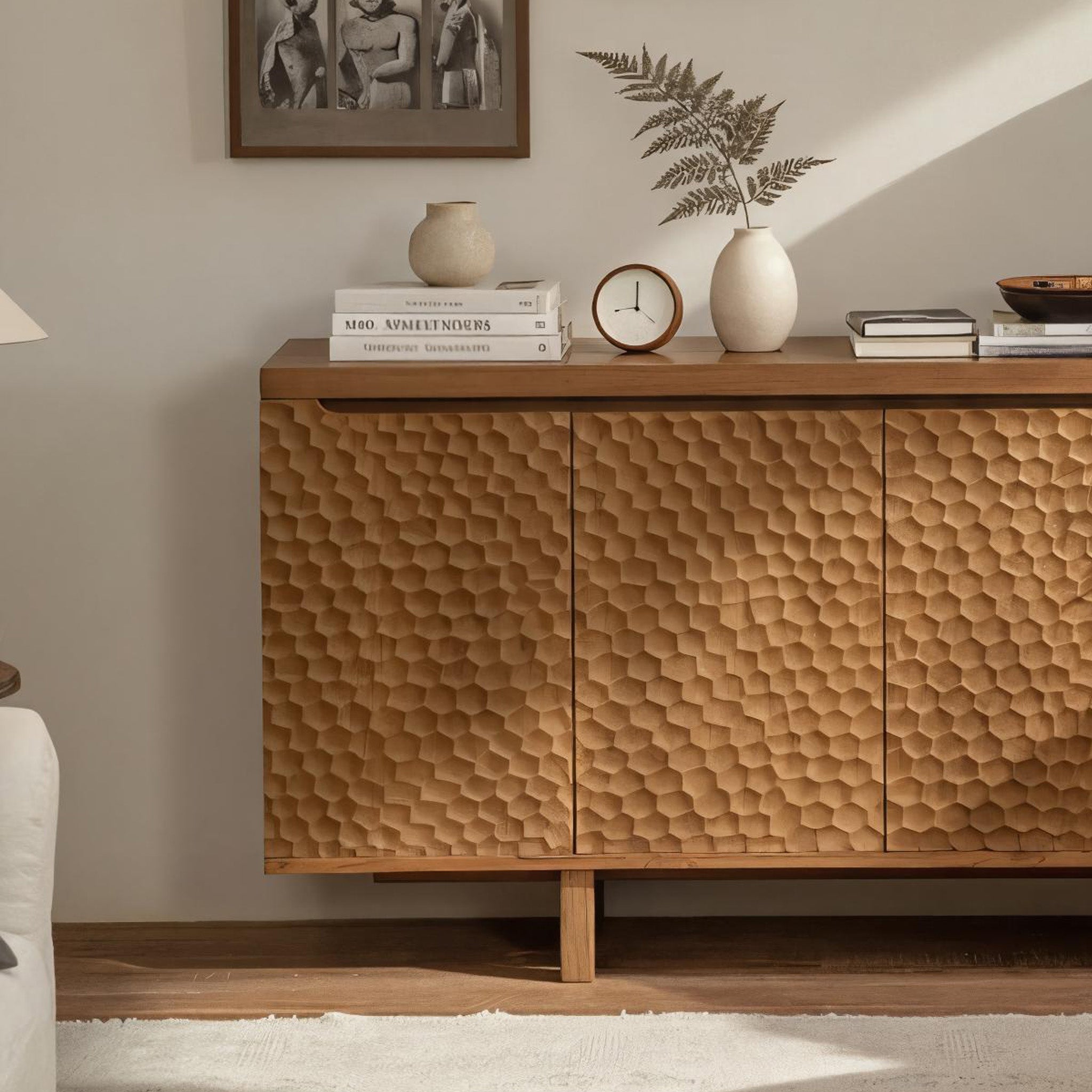 Hand-Carved Solid Wood Sideboard Cabinet For Living Room