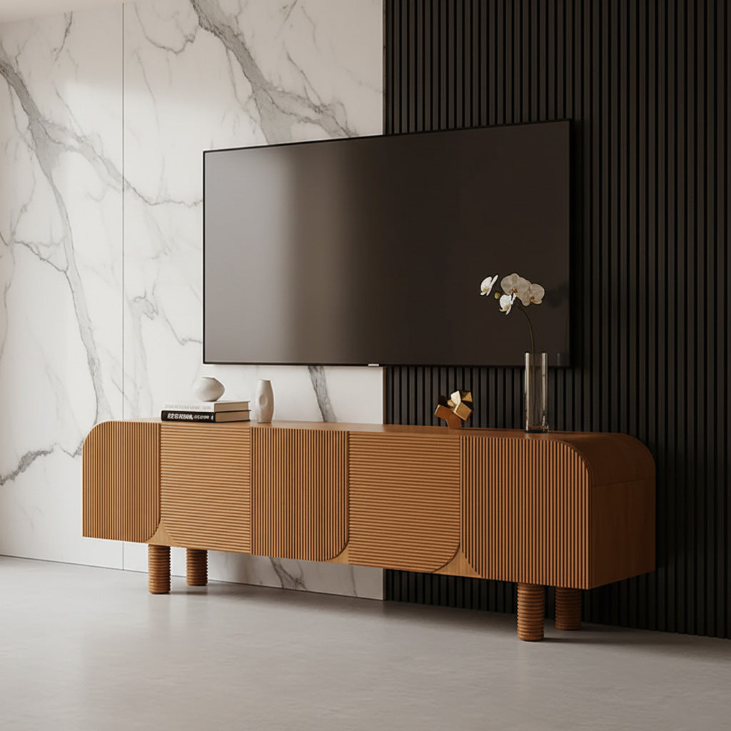 Mid-Century Fluted Solid Wood TV Stand With Rounded Corners