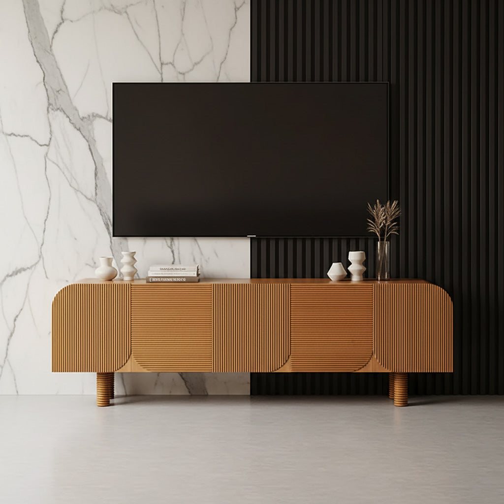 Mid-Century Fluted Solid Wood TV Stand With Rounded Corners