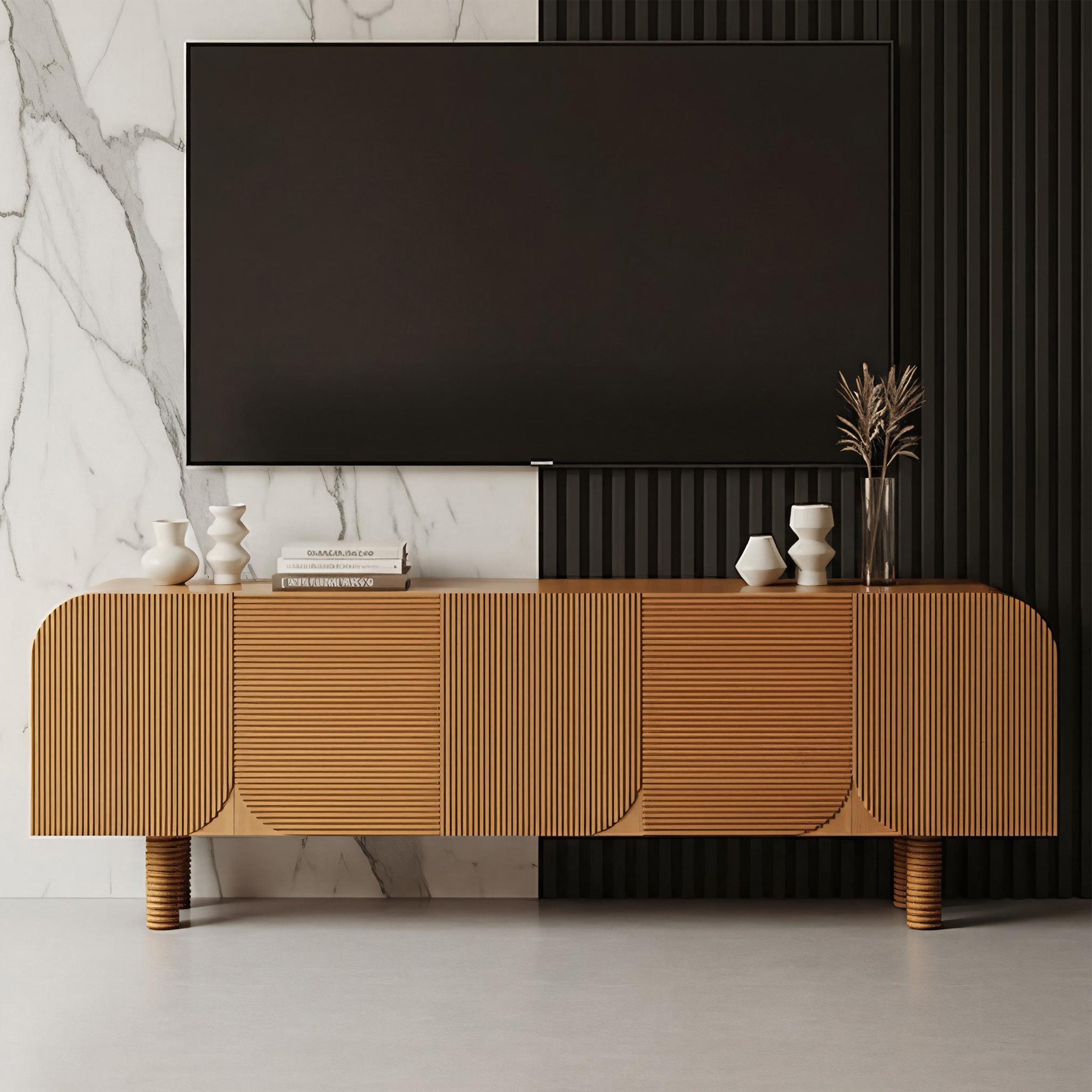 Mid-Century Fluted Solid Wood TV Stand With Rounded Corners