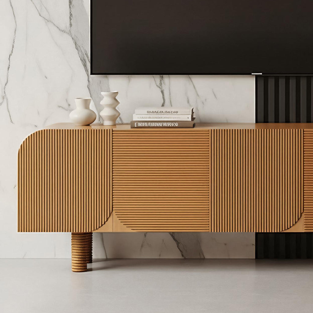Mid-Century Fluted Solid Wood TV Stand With Rounded Corners