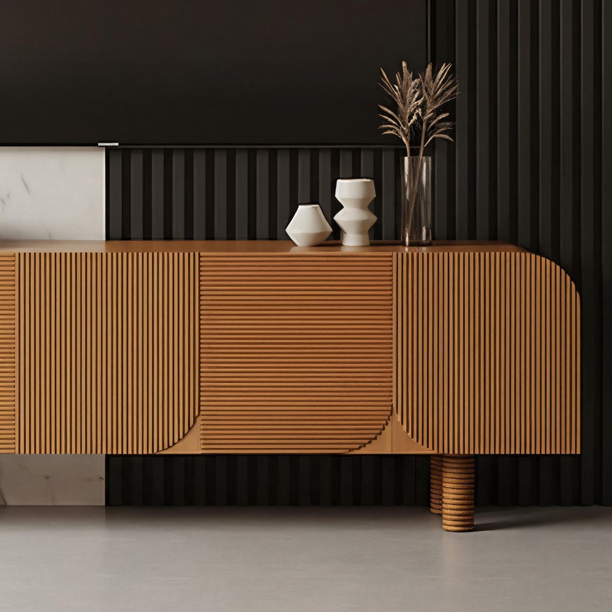 Mid-Century Fluted Solid Wood TV Stand With Rounded Corners