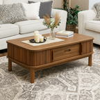 Mid-Century Fluted Wooden Coffee Table With Storage Drawer