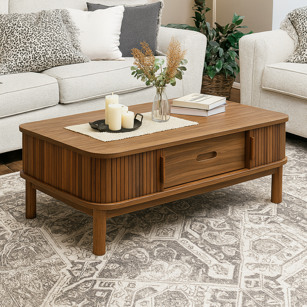 Mid-Century Fluted Wooden Coffee Table With Storage Drawer