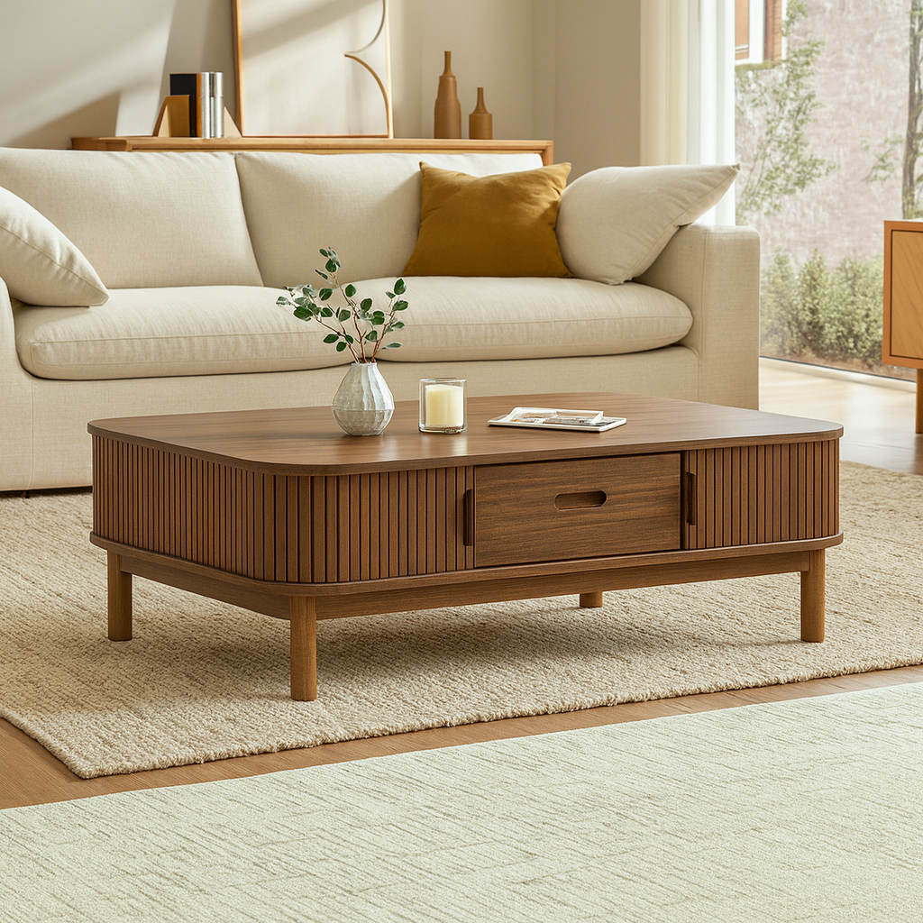 Mid-Century Fluted Wooden Coffee Table With Storage Drawer