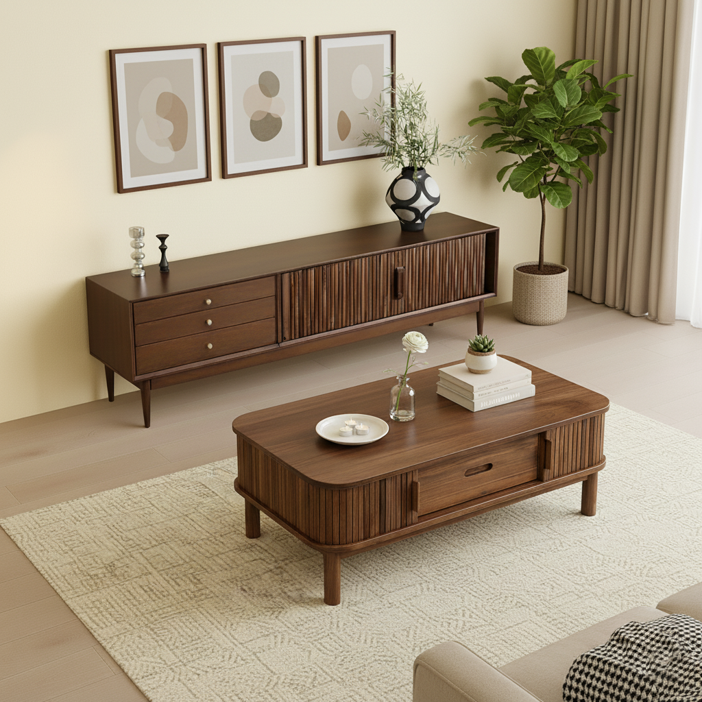 Mid-Century Fluted Wooden Coffee Table With Storage Drawer