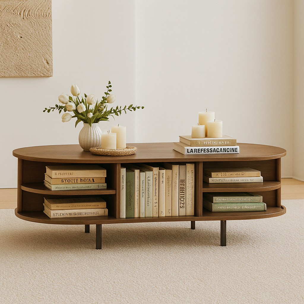 Mid-Century Oval Fluted Wooden Coffee Table