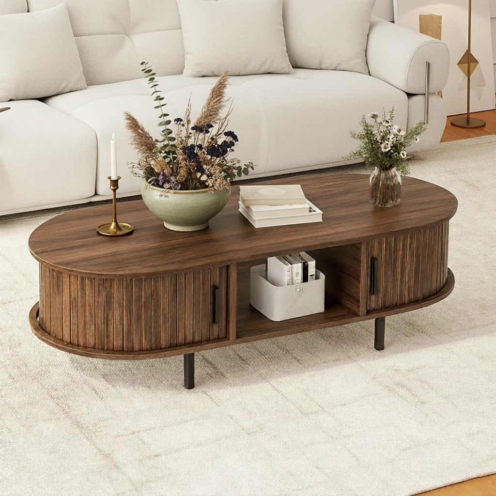 Mid-Century Oval Fluted Wooden Coffee Table