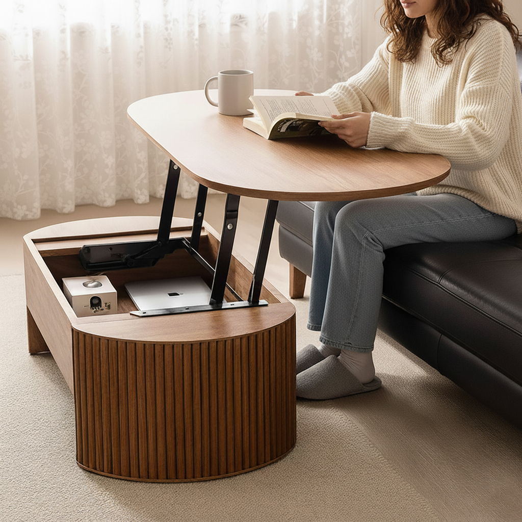 Mid-Century Oval Lift-Top Wooden Coffee Table