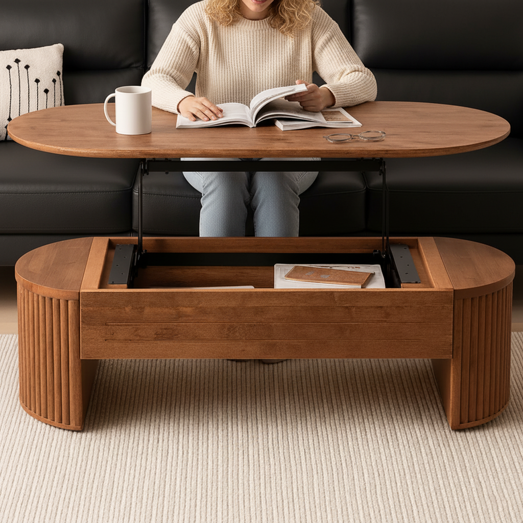 Mid-Century Oval Lift-Top Wooden Coffee Table