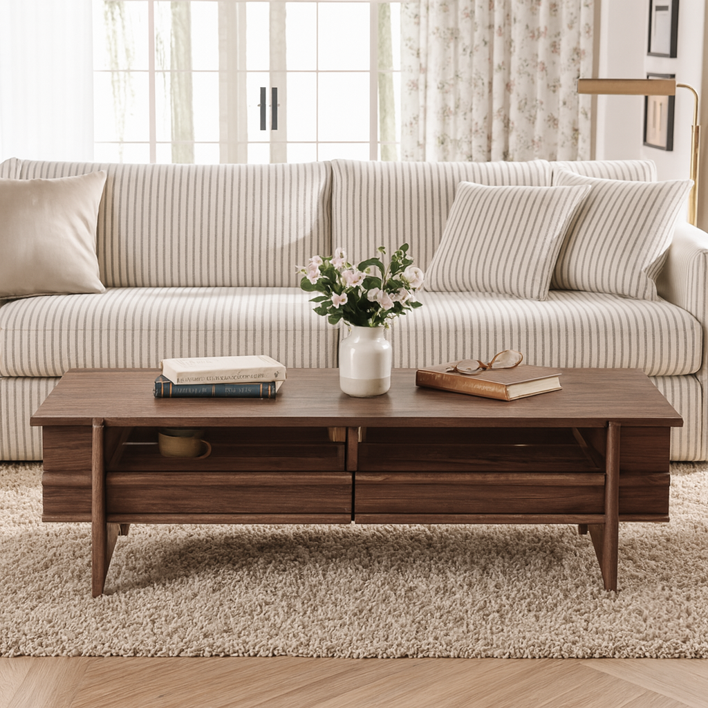 Mid-Century Rectangular Wooden Coffee Table With Storage Drawers
