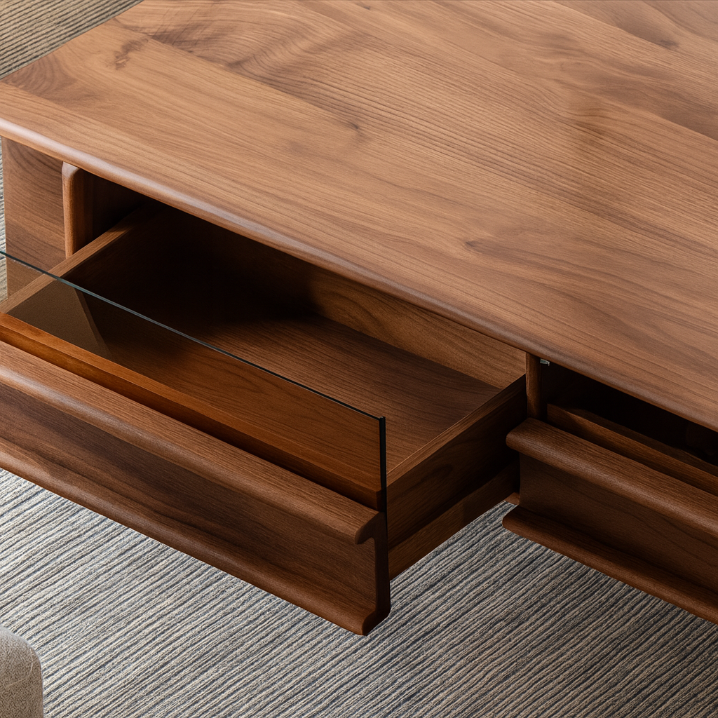 Mid-Century Rectangular Wooden Coffee Table With Storage Drawers