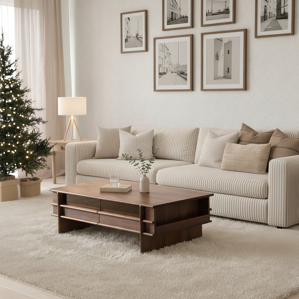 Mid-Century Rectangular Wooden Coffee Table With Storage Drawers