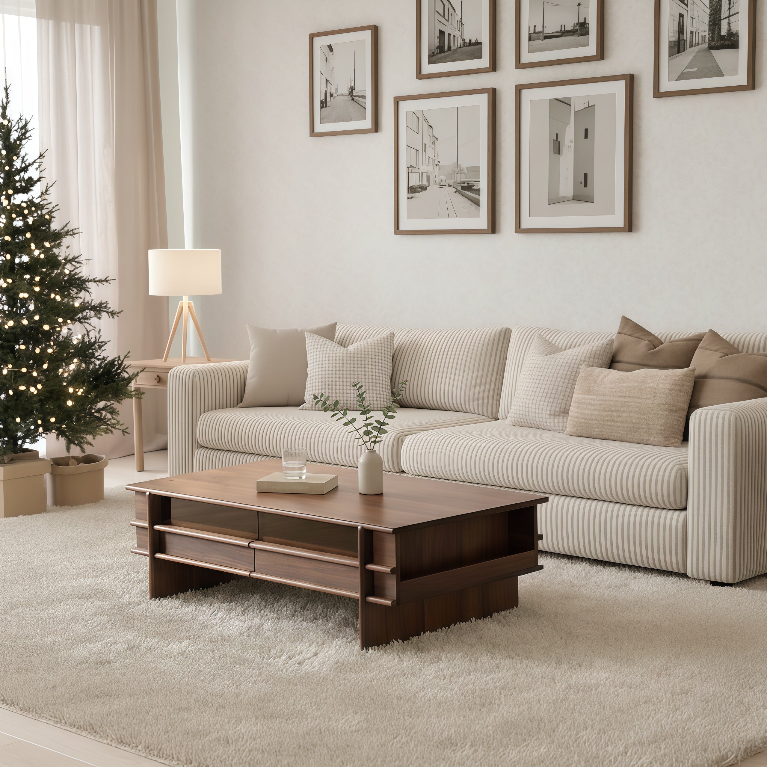 Mid-Century Rectangular Wooden Coffee Table With Storage Drawers