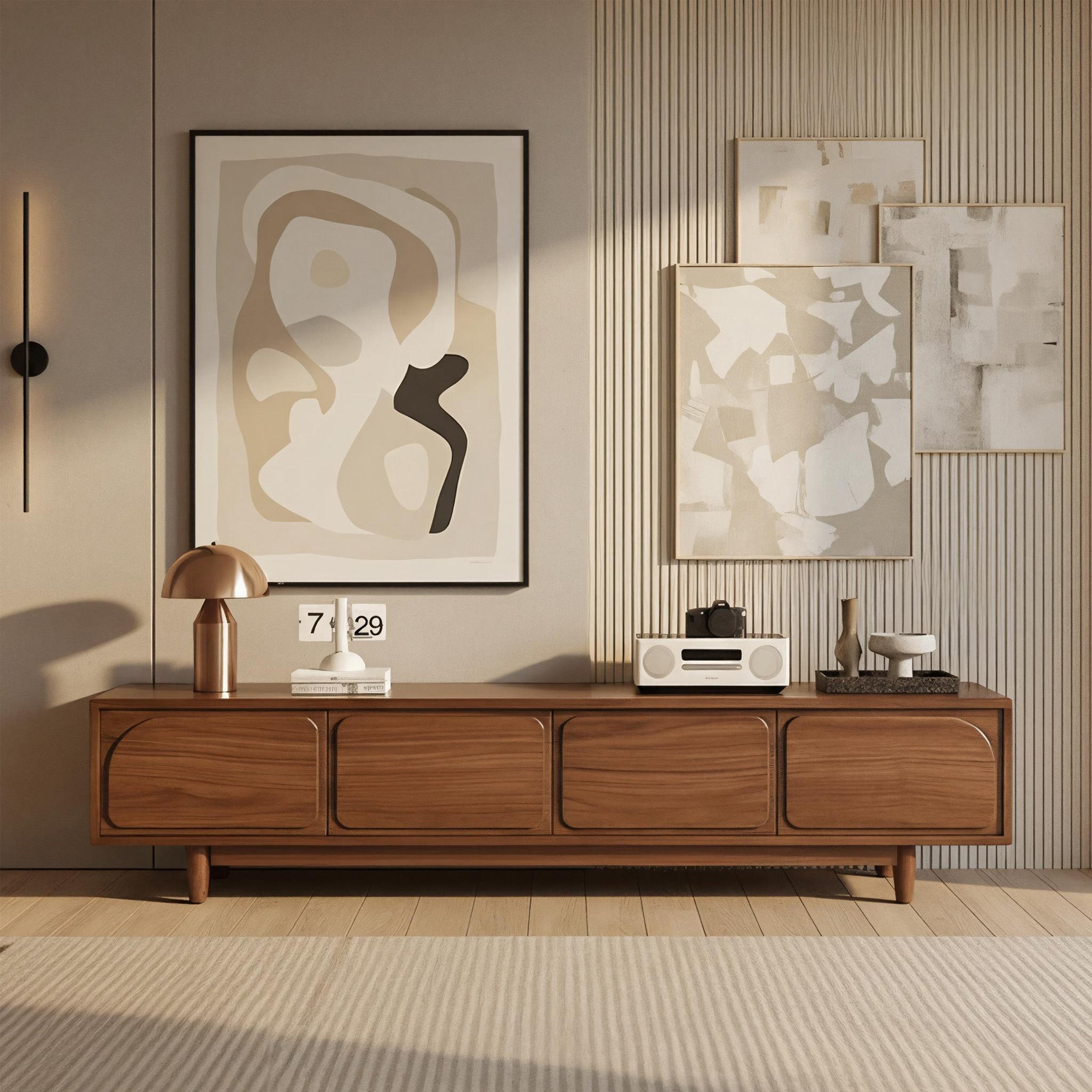 Mid-Century Solid Pine Wood TV Stand With Rounded Panel Doors