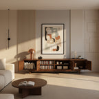 Mid-Century Solid Pine Wood TV Stand With Rounded Panel Doors