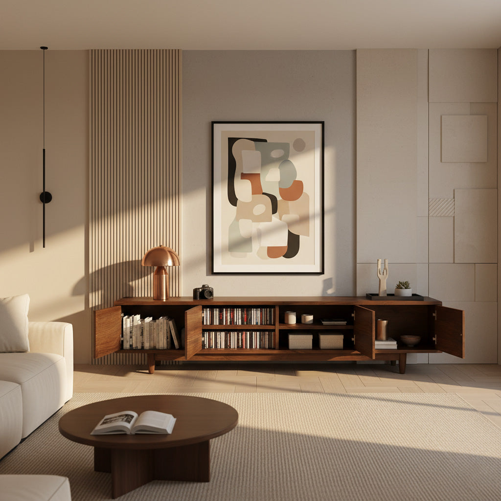 Mid-Century Solid Pine Wood TV Stand With Rounded Panel Doors