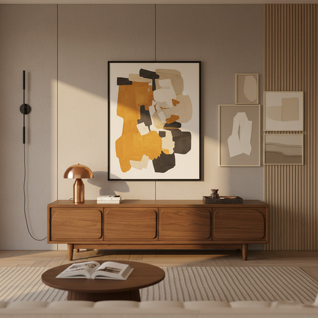 Mid-Century Solid Pine Wood TV Stand With Rounded Panel Doors