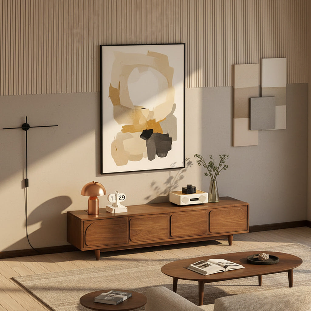 Mid-Century Solid Pine Wood TV Stand With Rounded Panel Doors